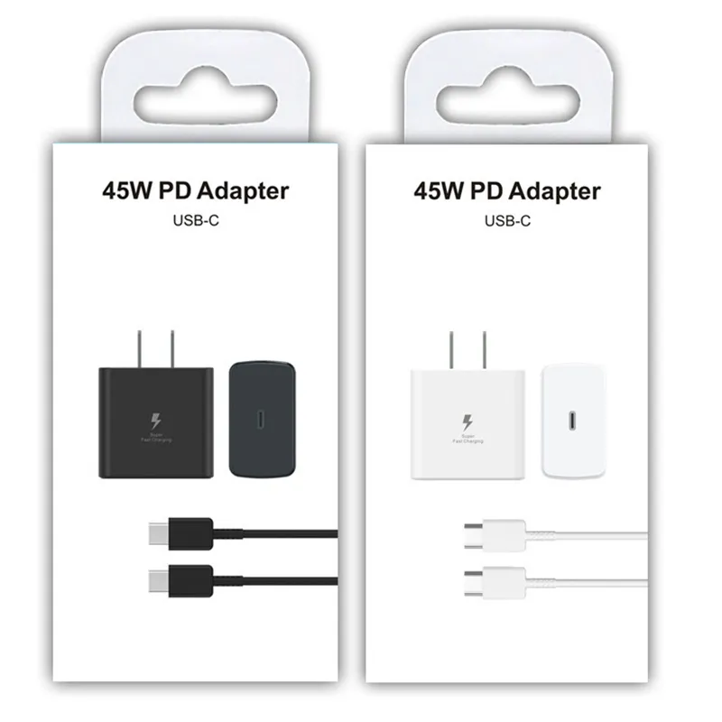 45W Super szybki szybki ładunek PD USB-C WALL TALL SHARGER EU US Power Adatper 5A C-C Kabel dla Samsung S20 S22 S23 Utral Note 20 z pakietem detalicznym
