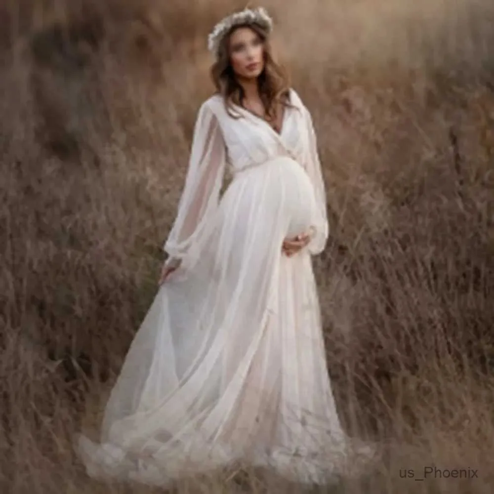 Maternity Dresses Womens A Line Maternity Dress for Photoshoot Long Sleeve Deep V Neck Maxi Photography Gowns Tulle Bridal Wedding Dress