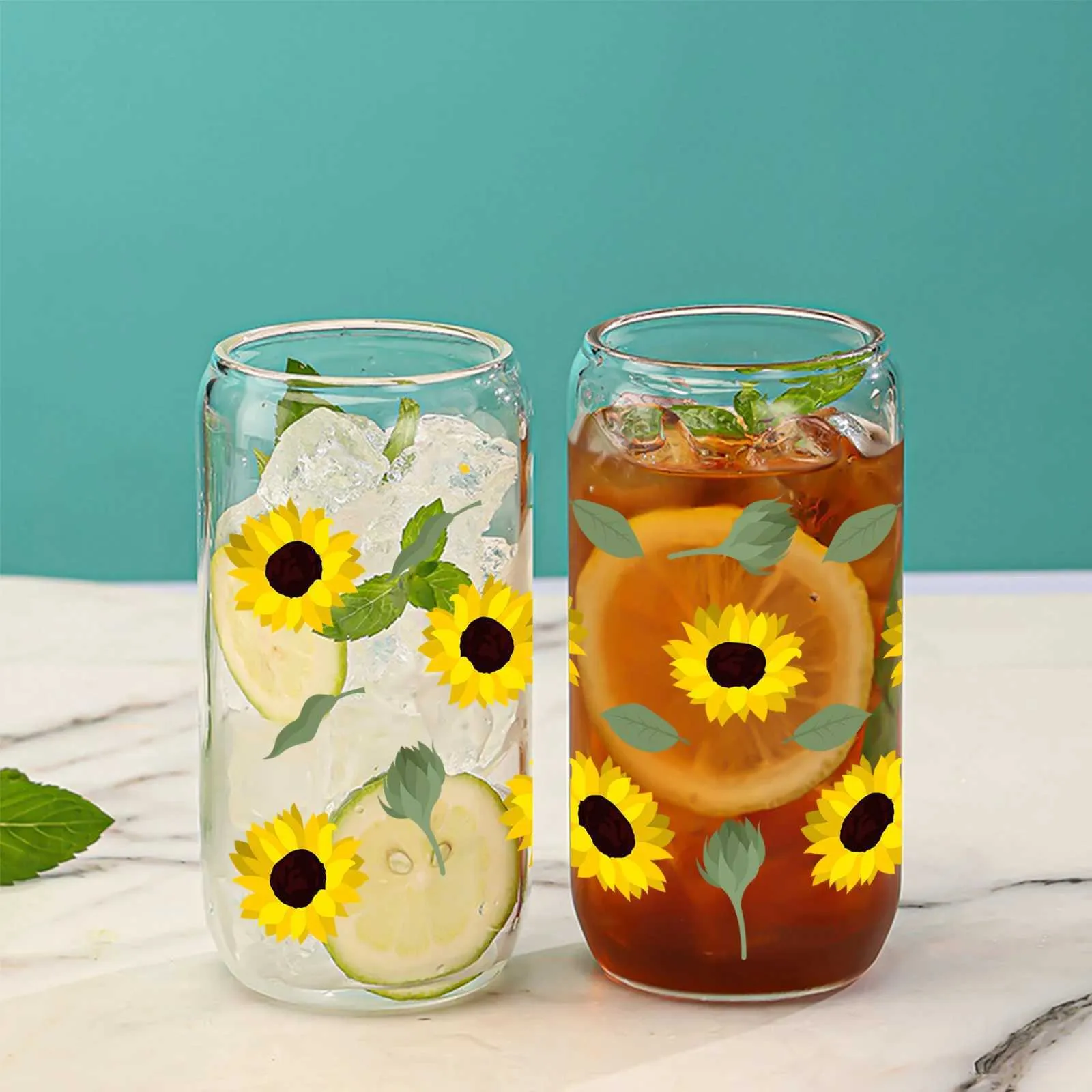 Tumblers 16oz Multi-layer Petal Sunflower Green Leaf Juice Glass Straw With Bamboo Lid Suitable For Hot And Cold Drinks In Summer H240425
