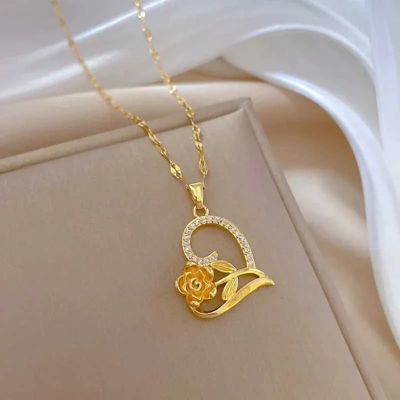 Colar com pingente de rosa em aço inoxidável elegante_voghion.com