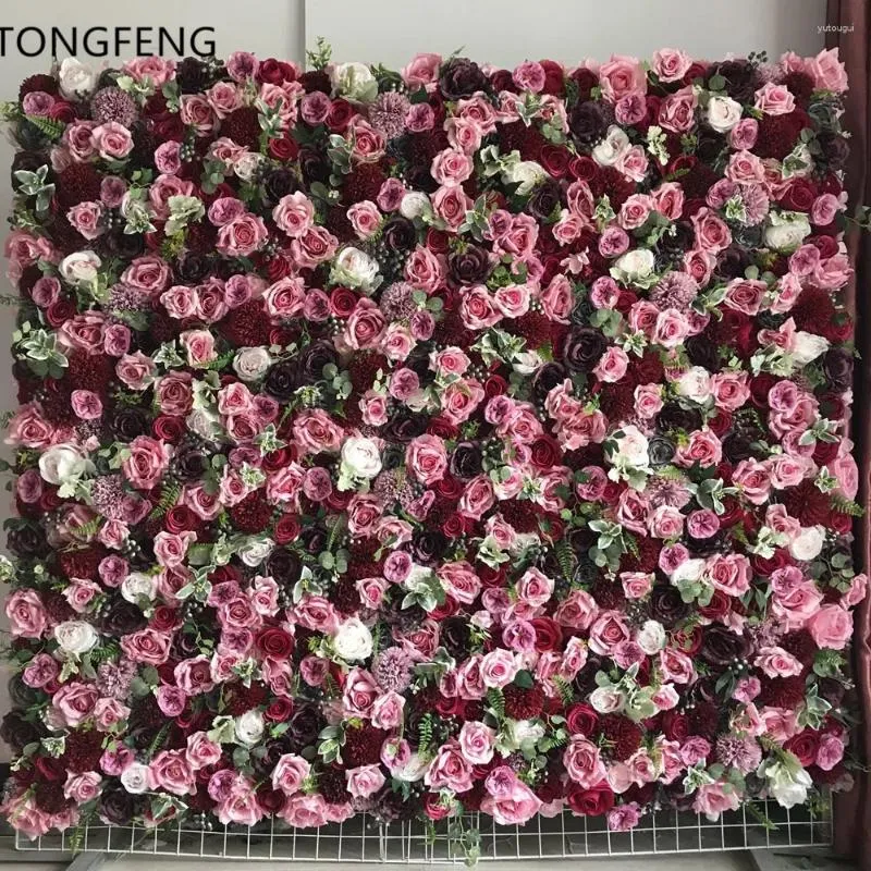 Fleurs décoratives Tongfeng Pink 24pcs / lot Flower Runner Mariage Decoration Artificiel Silk Rose Peony 3D Mur