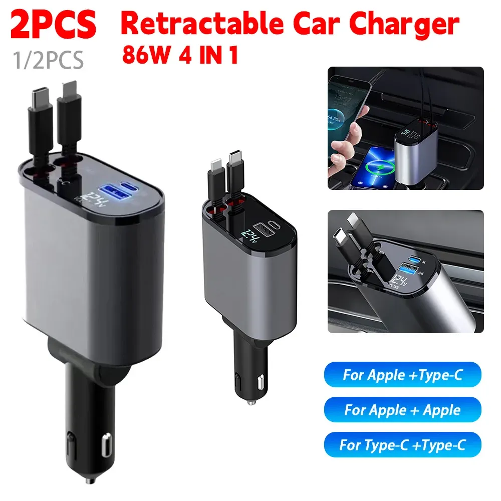 Chargers 86W 4 IN 1 Retractable Car Charger USB Type C Fast Charger Digital Display Cigarette Lighter Adapter PD QC3.0 for IPhone/Samsung