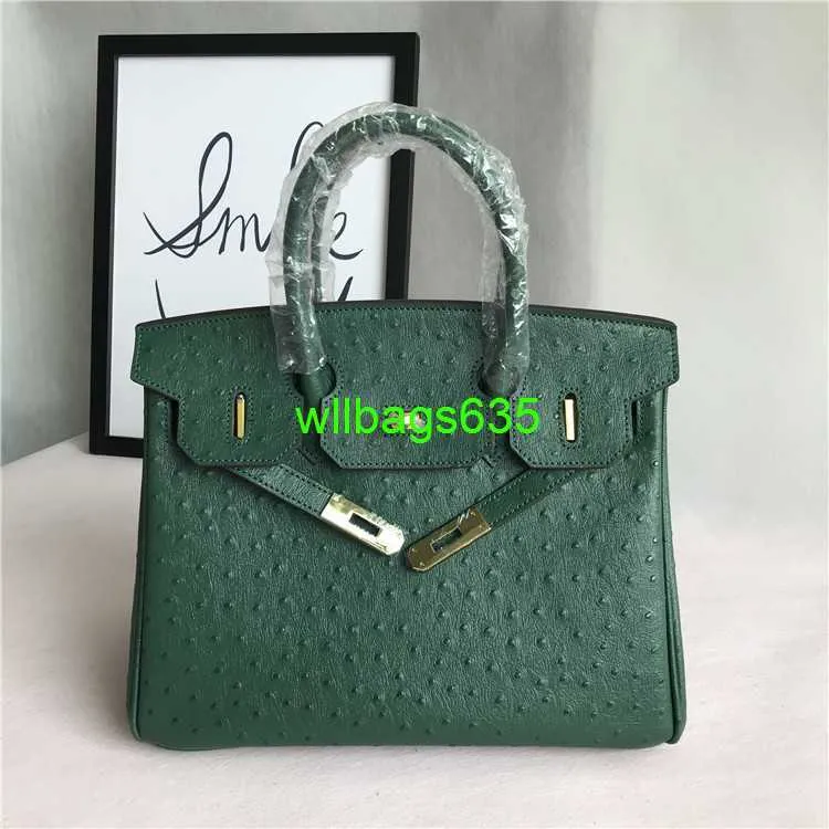 BK 2530 Handtassen Ostich Leerbakken Trusted Luxury Tassen Europeaan en Amerikaanse mode Custom Dark Green Ostrich Patroon Cowhide Platinum B hebben logo hbjoue