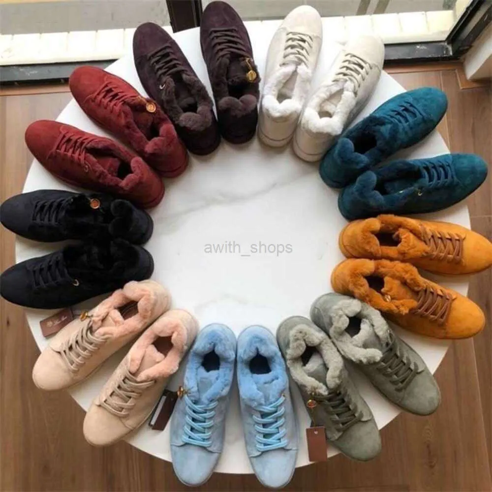 Loro Round Deep-Mouth Suede Sneakers Shoes Sheep Toe Casual Lace-Up Loafers Lp Beaver Wool Warm Thick Soles Shoes Chaussure Schuhe