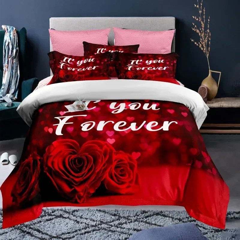 sets Valentine's Day Duvet Cover Set Red Rose I Love You Pattern King Size Couple Polyester Bedding Set Happy Romantic Quilt Cover