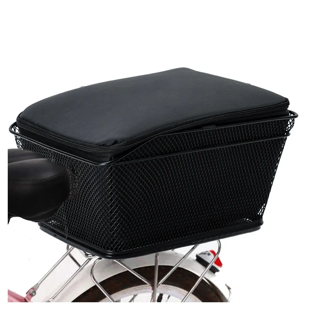 Tylny koszyk rowerowy Duża pojemność metalowy drut rowerowy wodoodporna deszczowa osłona czarna skrzynka akcesoria240410