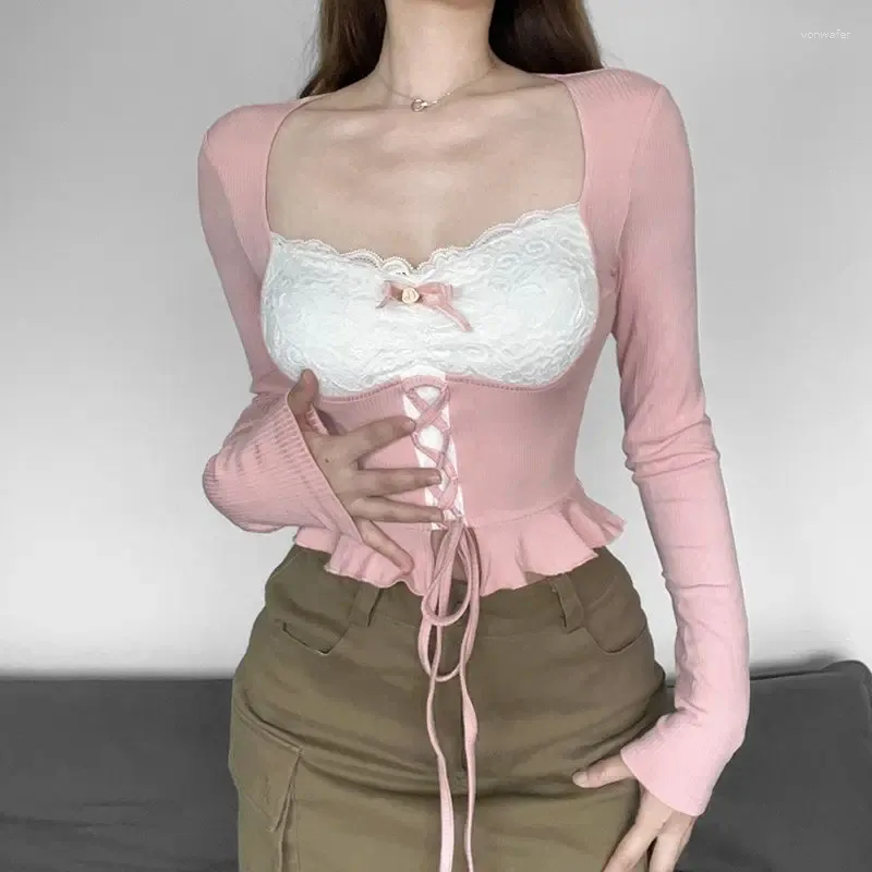Koszulki damskie różowe francuskie czyste pożądanie koronkowy marszczony pas z długim rękawem przyprawy dziewczyna kontrast kolor odchudzki seksowna bluzka kobieta