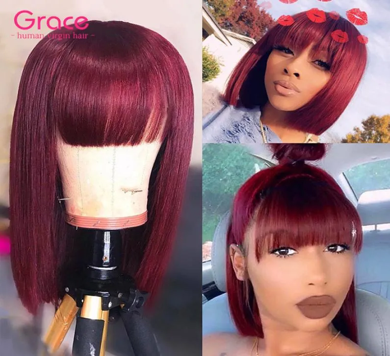 99J Borgogne Bob Wig Pixie Coup Coupre Human Human Brésilien Remy Straitement Wigs Wigs avec une frange pour les femmes noires Red Non Lace9304039