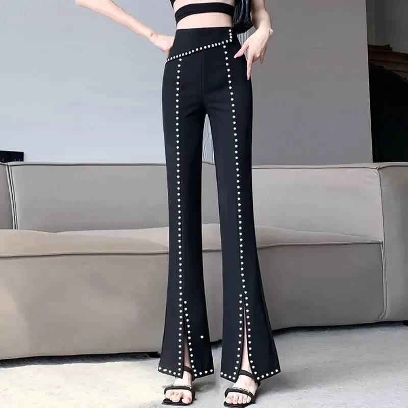 Capris Fashion Women Fashion Women Black Flare Pants Spring Autumn New Slim High Waist Streetwear Casual Slip Allmatch Y2K Diamond Pantaloni