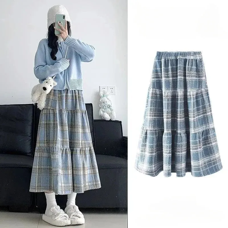 Голубая юбка для торта женская осень и зима высокая талия Kawaii Fashion Aline Японская ретро -ретро -клетчатка средней длины 240420