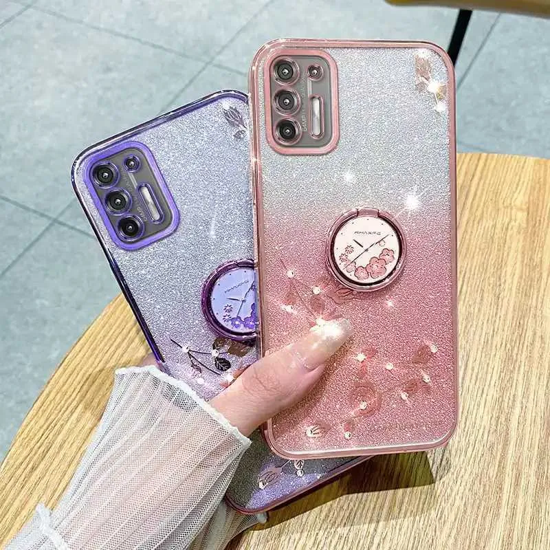 Mobiltelefonfodral Floral Rhinestone Bling Soft Case för Motorola Moto G9 Plus Play G8 Bevarat blommönster Telefonfodral med ringstativ Holder 240423