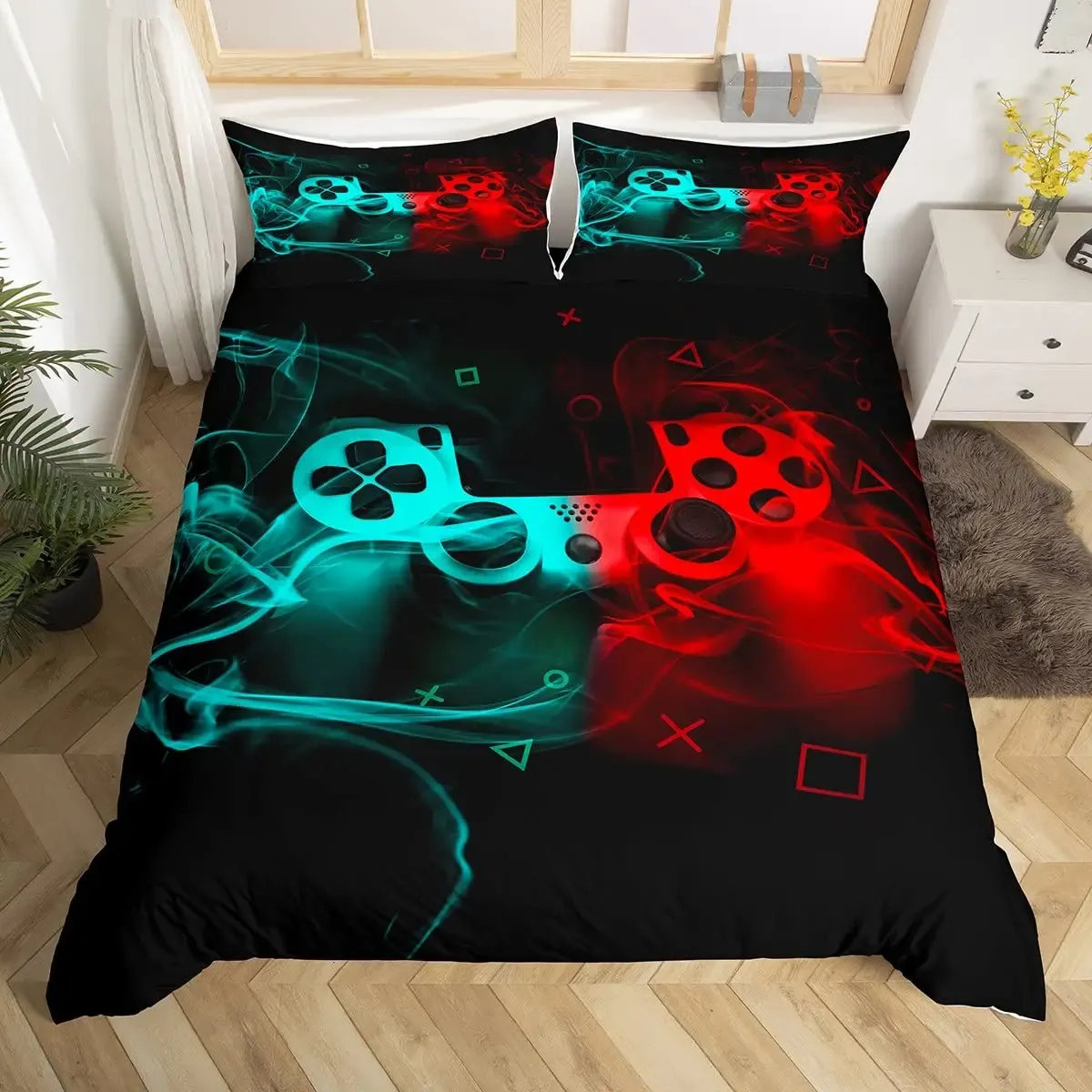 Jugadores Adolescentes Gamer Gamer Divet Set de reina/King Size, portada de edredón de gamepad de niños, portada de colchas de poliéster de juegos retro negros clásicos