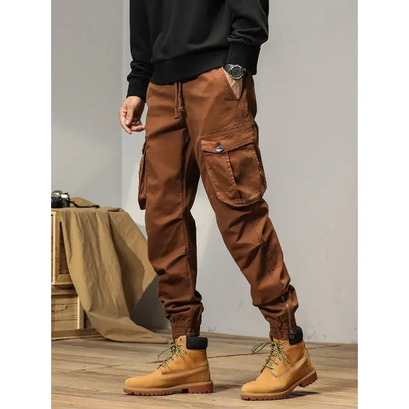 Spodnie wiosna letnia noga zip solidne spółki ładunkowe Mężczyzn Multipockets Joggers Slim Fit Work Pant Casual Bawełniane spodnie