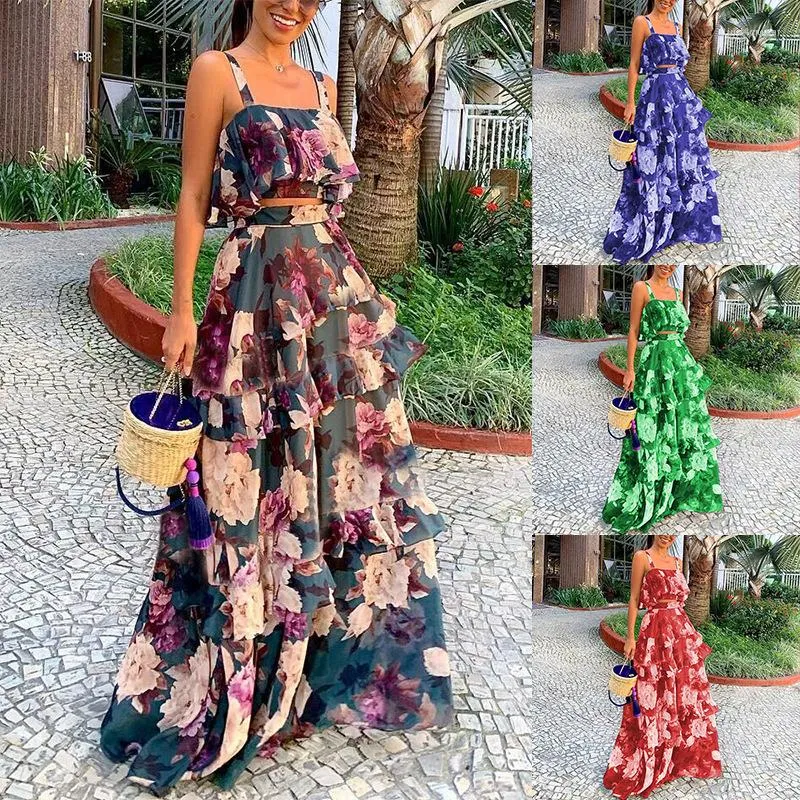 Tvådelt klänning sommar boho strand set sexig kjol gröda topp maxi lång blommig tryckt ruffles hög midja avslappnad