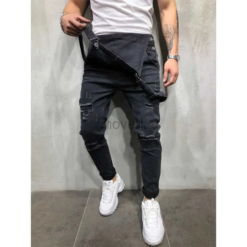 Herenbroek Fashion Men Pants gescheurde jeans overall jumpsuits hi straat noodlijdende denim slabib overalls voor man Suspender broek maat s-xxxl d240425