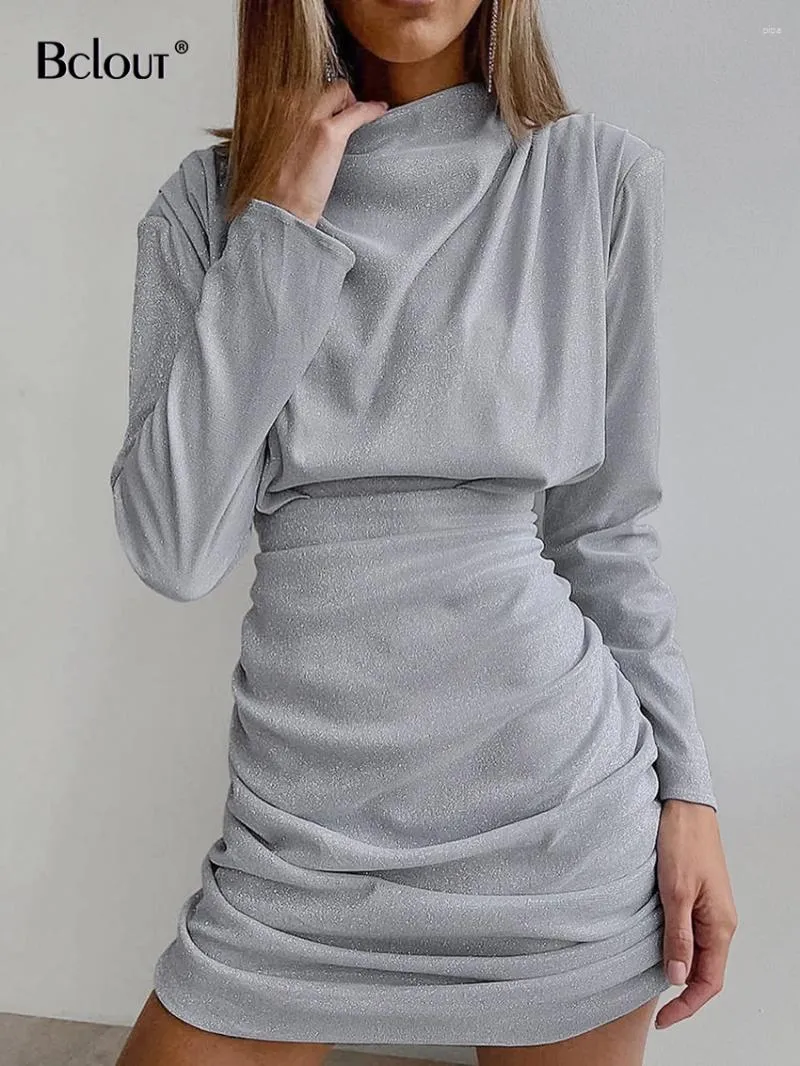 Casual jurken BClout Vintage Pargin Silver Dress Women 2024 Fashion Ruched Elastic Party Sexy Elegant Solid O-Neck Mini Female