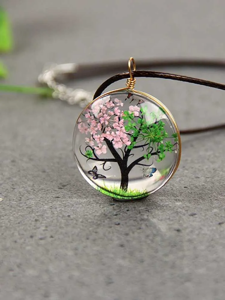 Pendant Necklaces Classic specimen time gem glass pendant sweater chain dried flower plant life bark rope necklace_voghion.com