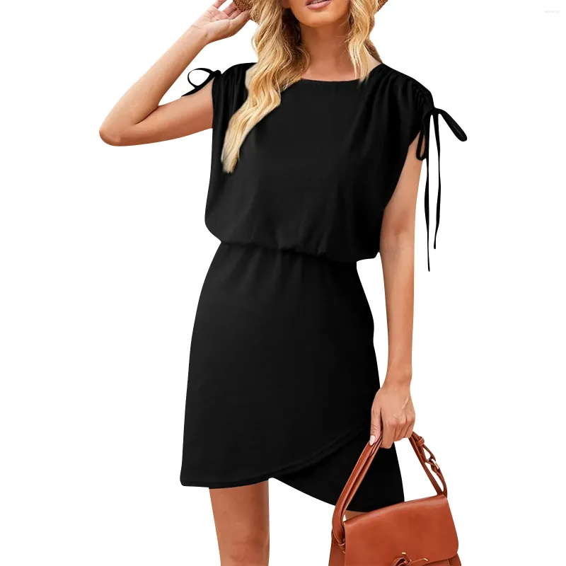 Party Dresses Womens Summer Dress DrawString Cap Hylsa Rund hals Wrap BodyCon Short Fashionable Simple