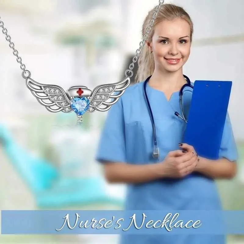 Pendant Necklaces Exquisite White Guardian Lady Necklace Blue Jewelry Strap Angel Wing Doctor Nurse Theme Halloween_voghion.com
