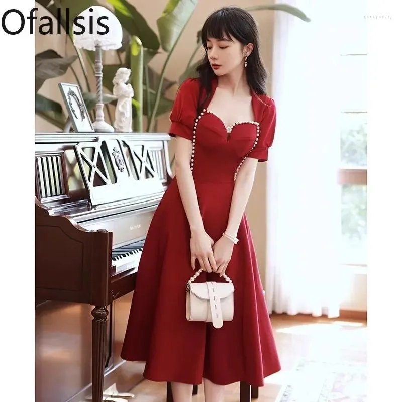 Party Dresses ofallsis Red Square Neck Poad Puff Sleeve Toave Brud Dress 2024 Aummer Wine French Elegant Engagement