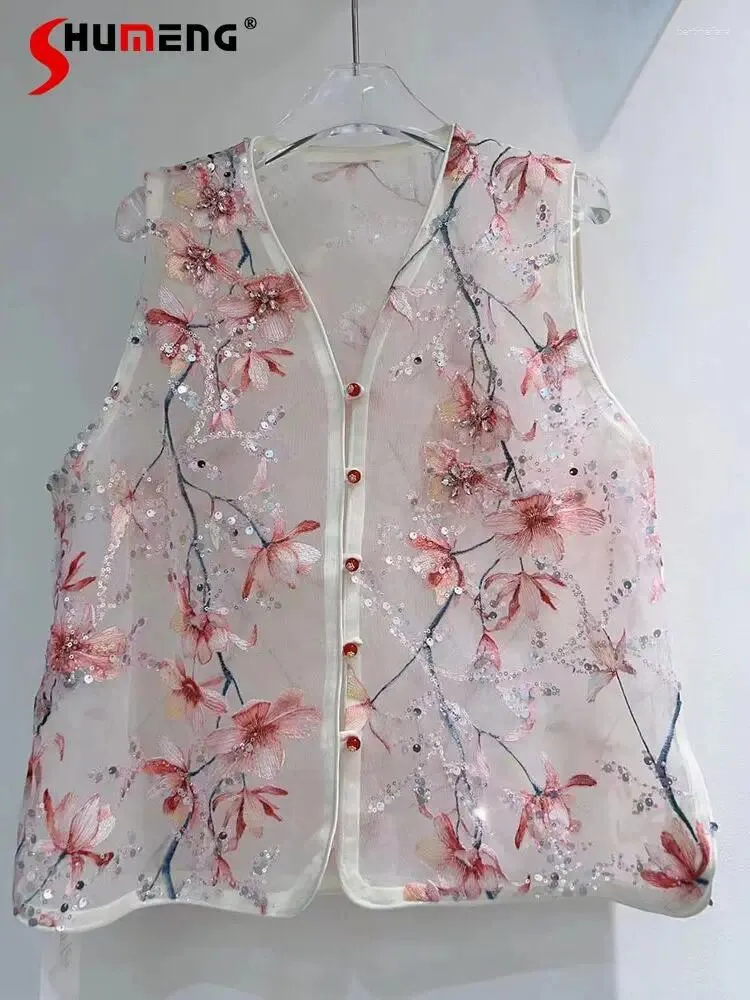 Kvinnors västar 2024 Spring Chinese Nice Tops Diamond broderade paljetter V-Neck ärmlös enkelrad Multi-Buckle Vest