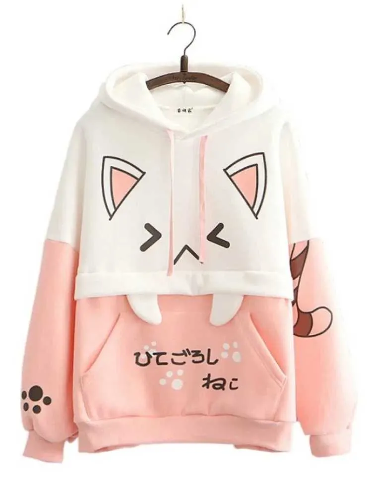 Herrtröjor tröjor harajuku kawaii hoodies anime bomullsfleece tröja katt tryckt huvtröja söt topp kvinnor vinter tjocka varm y2k flickor söt kappa 240424