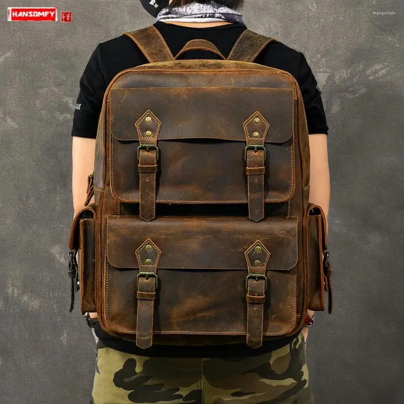 Backpack Genuine Leather Men 17" Laptop Shoulder Bag Retro Outdoor Travel Backpacks Large Capacity Crazy Horse Schoolbag