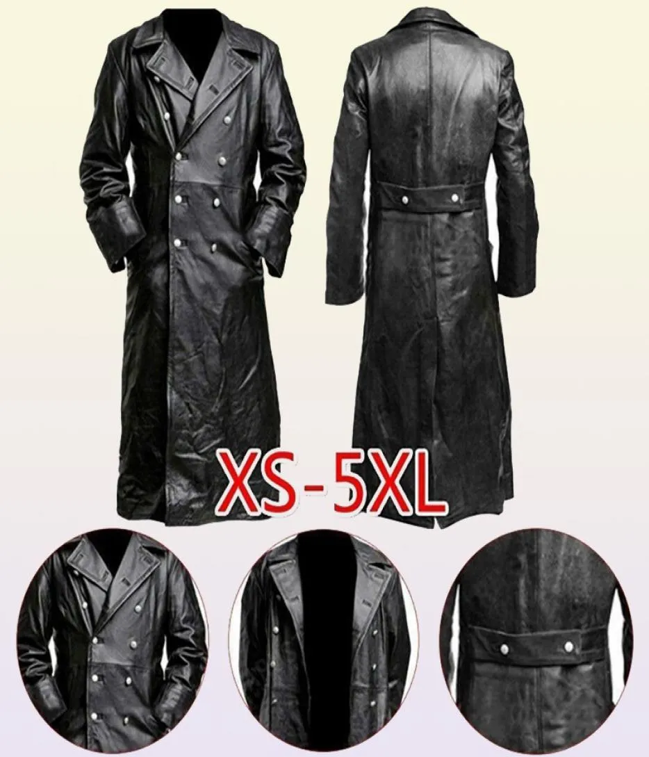 Herrläderfaux herrarna tyska klassiska WW2 enhetliga officer Black Real Leather Trench Coat 2209224065983