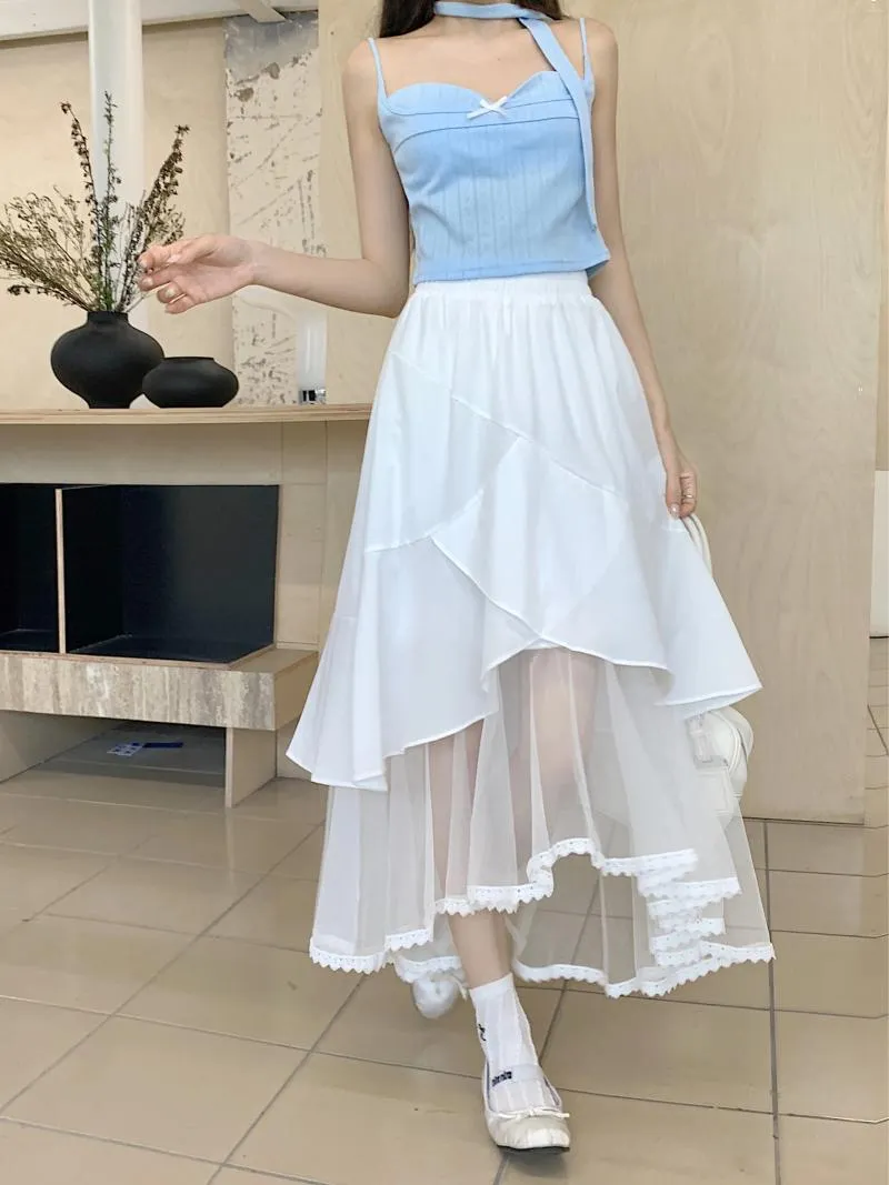 Saias saia chique para mulheres 2024 Irregular Flouced Galze gaze Patchwork Roupas femininas A-line Solid Designer Summer Dropship