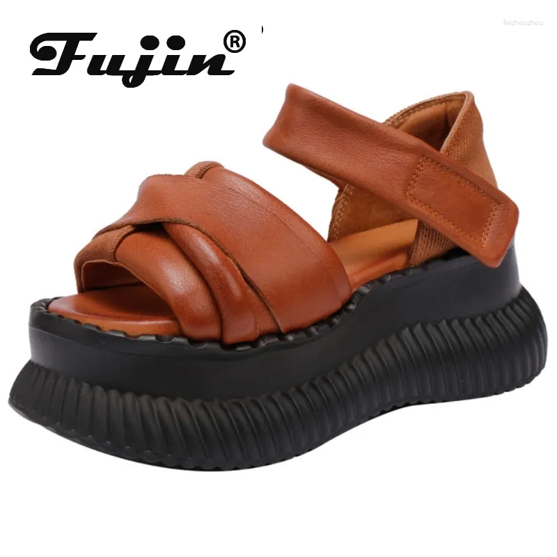 Сандалии Fujin 7,5 см женщины Moccasins Summer British Hook Peep Peep Toe корова подлинная кожаная платформа на клин Loafer Rome Mary Jane Shoes