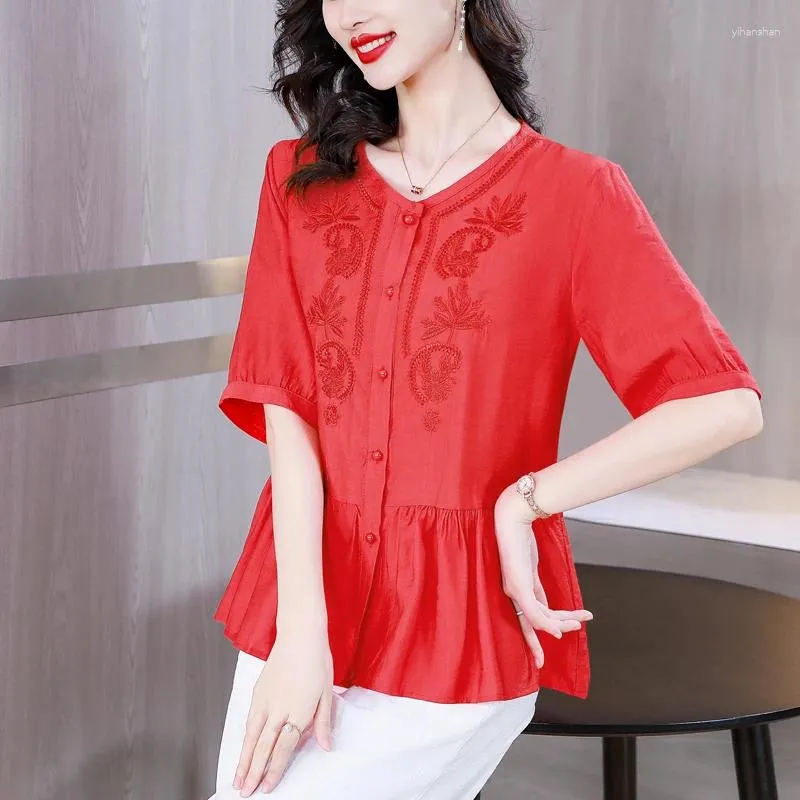 Blouses pour femmes 2024 Summer Color Colon Cotton Linn Shirt Short Sleeve Fashion Volyme d'âge moyen Mothers V-Neck Blouse à poitrine unique