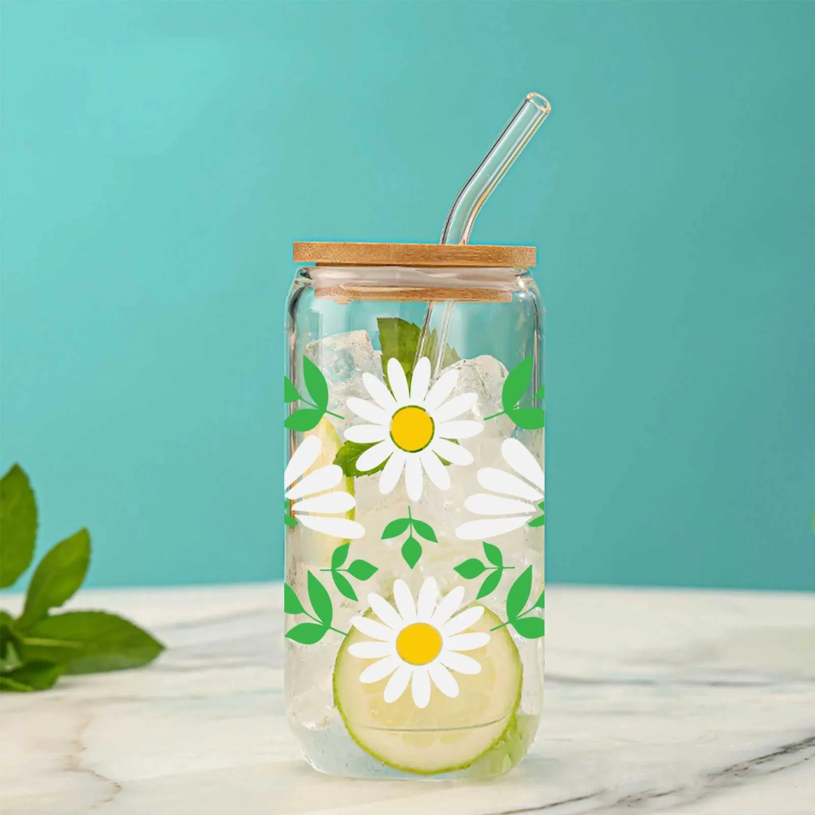 Tumblers Of Green Leafy Petal Daisy Pattern With Bamboo Lid Glass Straw Juice Hot And Cold Drink Bottle Suitable For Summer H240425