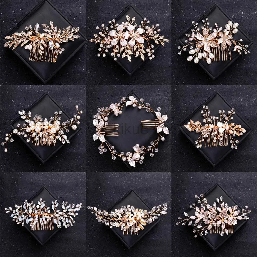 Wedding Hair Jewelry Gold Color Crystal Pearl Hair Comb Headband Tiara For Women Bride Party Bridal Wedding Hair Accessories Jewelry Comb Headband d240425