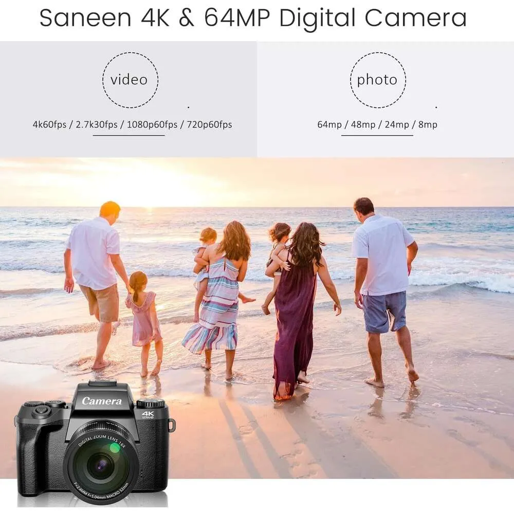 Saneen 4K digitalkamera med 64MP -upplösning, WiFi, pekskärm, blixt, 32 GB SD -kort, linsskydd, 3000mAh -batteri, främre och bakre kameror - perfekt för fotografering,