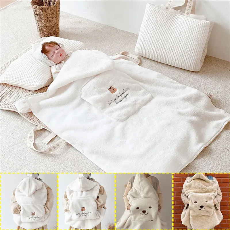 Swaddling Coral Fleece Nyfödd filt för barnvagn Sling Cover Bear Bunny Fall Winter Nyfödd Swaddle Wrap Spädbarn Sleeping Quilt