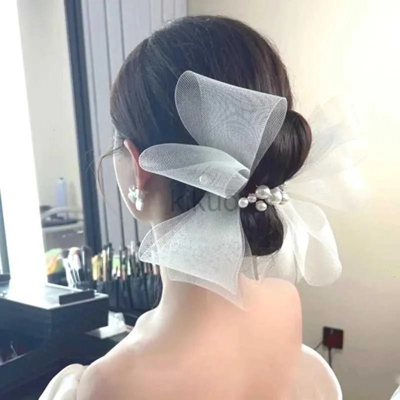 Wedding Hair Jewelry 1 Pair Exquisite Mesh Wedding Veil Hairpin Fairy Pearl Bow-knot Hair Clips Photo Props Fashion Headpiece Wedding Head Jewelry d240425
