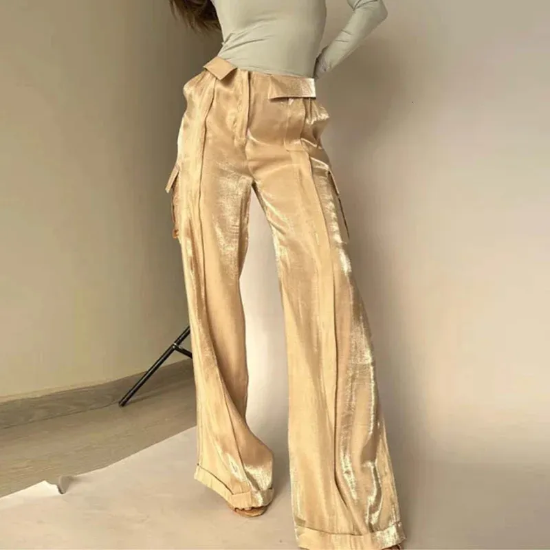 2024 Spring Bright Silk Wide Leg Pants for Women Elegant High Waist Zipper Trousers Autumn Solid Pocket Straight Pant Sweatpants 240424