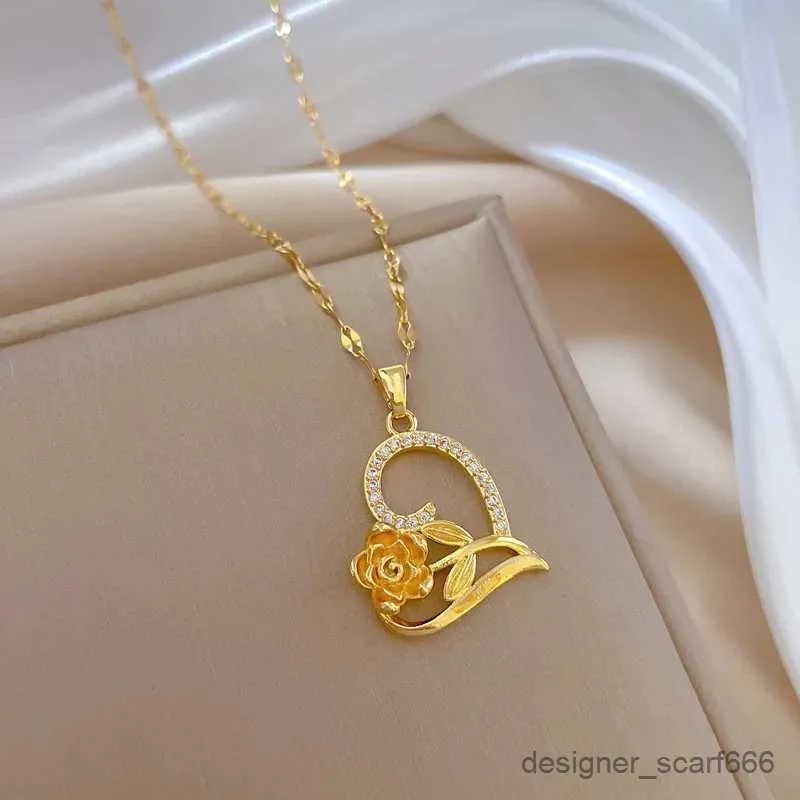 Colar com pingente de rosa em aço inoxidável elegante_voghion.com