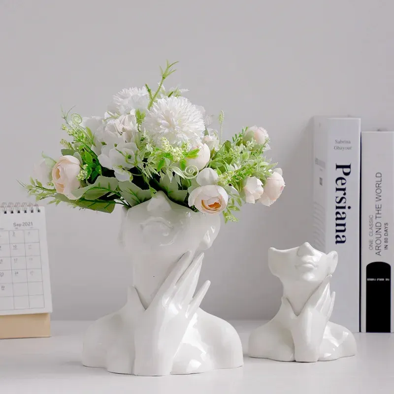 Nordic Style Flower Vase Women Corps Half Face Pot Pot Ceramic Art Crafts Chadow Living Room Desktop Decoration 240425