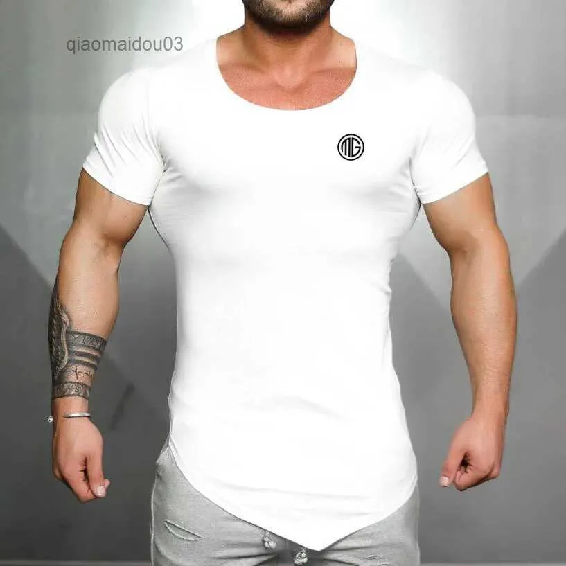 T-shirty męskie Summer Bawełna oddychająca z krótkim rękawem T-shirt siłownia sportowy trening mięśni koszule męskie Mens Fit Fashion Nieregularny rąbek TEESL404