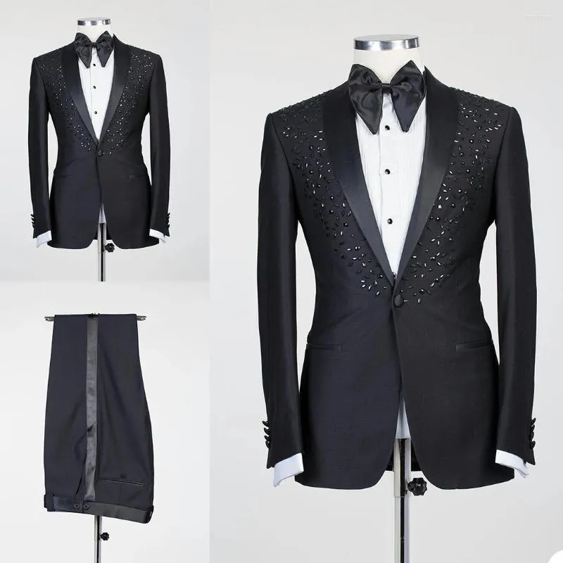 Mäns kostymer Luxur Crystal Beading Mens Tuxedos Shawl Lapel Groom One Button 2 Pieces Wedding Blazer Formal Party Pants Coat For Prom