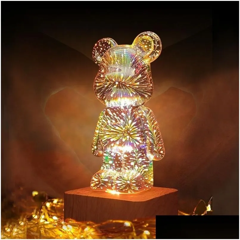 Dekorative Objekte Figuren 3D Feuerwerk Bär LED Night Light 7 Farbatmosphäre Romantische Schlafzimmer Dekoration Desktop -Lampen D otxyj