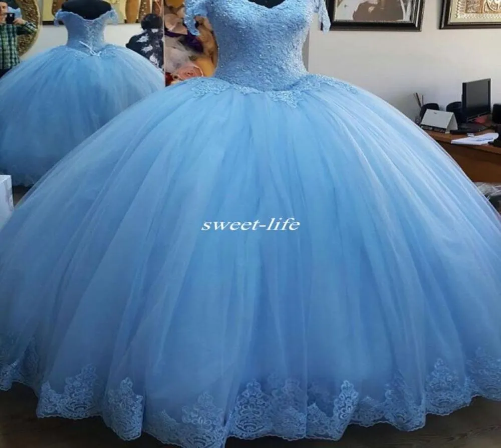 2020 Sky Blue Blue Quinceanera платья от плечевых корсета с блестками кружевные поезда на заказ.