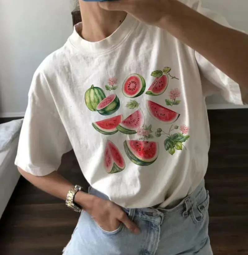 거리 트렌드 재미있는 멜론 과일 프린트 티셔츠 여성 Y2K하라 주쿠 패션 레트로 커플 캐주얼 한 느슨한 대형 티셔츠 240425