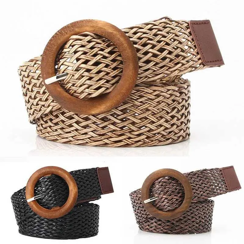 Ceintures tressées ceinture de ceinture noire Black Female Vintage Boho Round Boucle lisse en bois fausse courbe large Brotte de taille pour femmes 240423