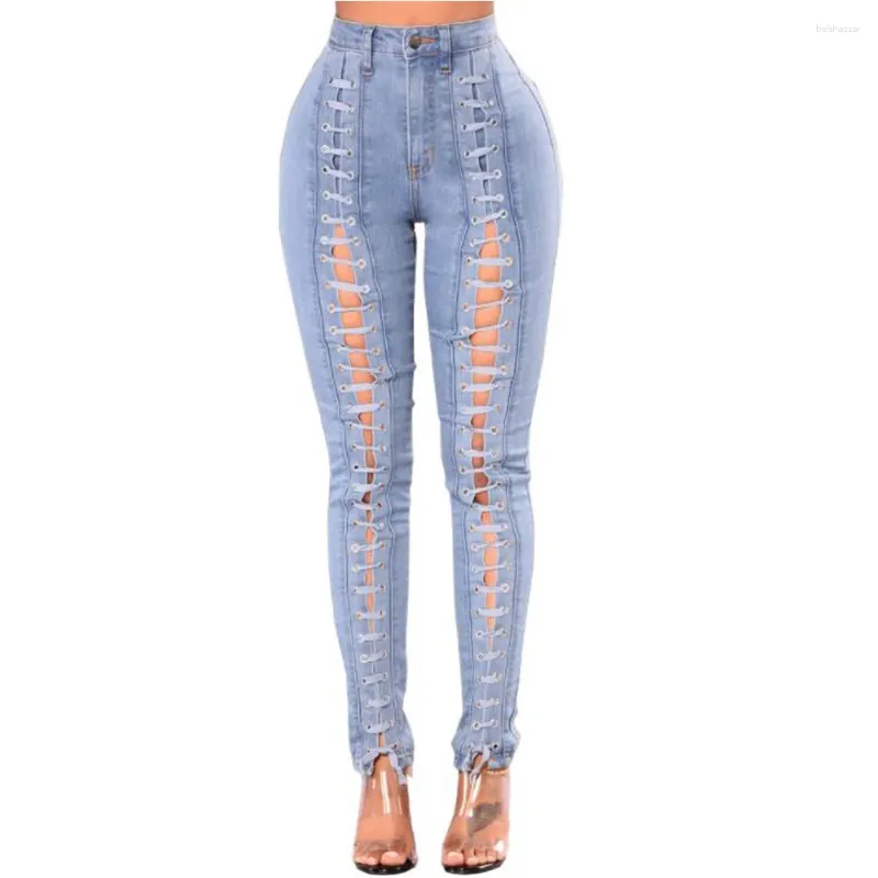 Les jeans pour femmes lacets vers le haut Ripped Ladies hautes hauts minces pantalons de crayon élastique