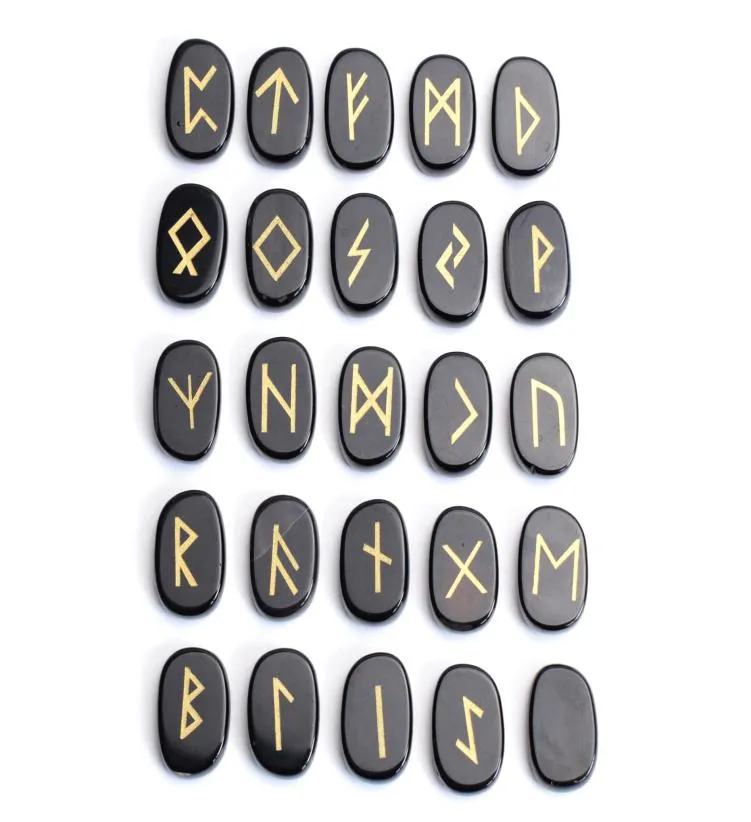 25 Stücke natürlicher schwarzer Obsidian geschnitzte Kristall Reiki Heilungspalmsteine Gravures heidnische Schrift Wicca Rune Stones mit einem F5905387