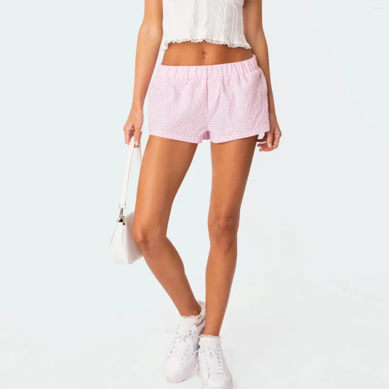 Women's Shorts Y2K Vintage Summer Casual Retro Plaid Print Elastic Low Waist Loose Cute Wide Leg Lounge Short Panties