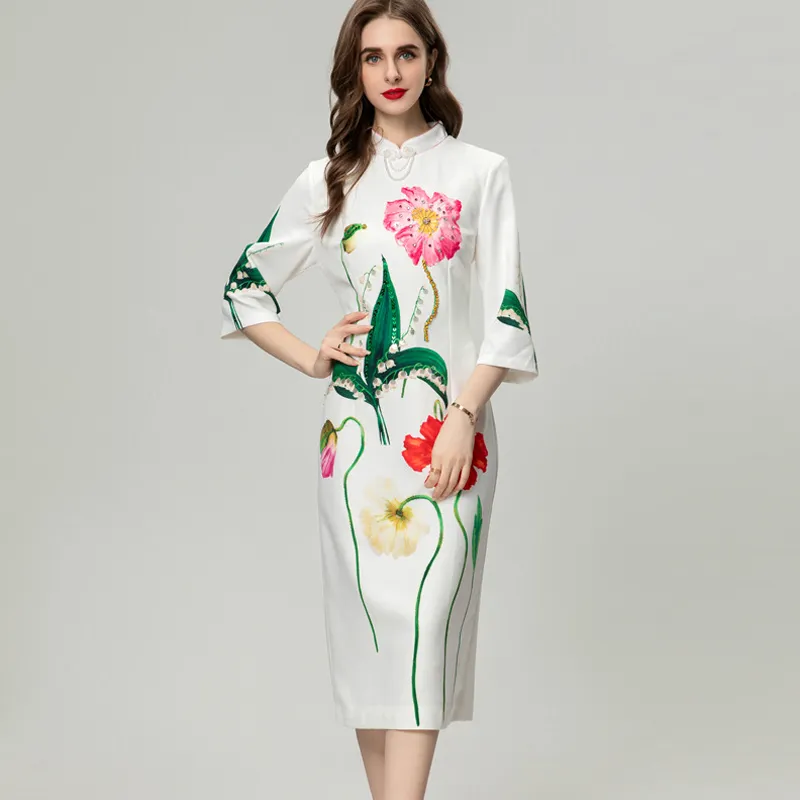 Women's Mid-Calf A-Line Dress with Stand Collar and Ruffle Detail in Solid  Polyester for Autumn