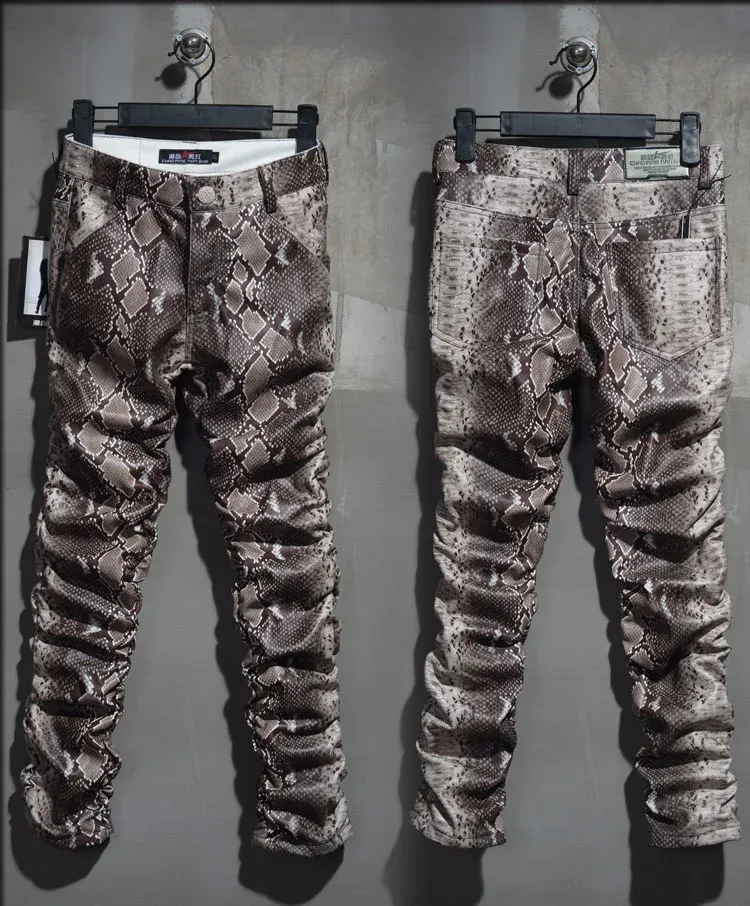 Calças 2023 Menas de moda Slim Faux Python Snake Palnts Leather Pants Men Personalidade Pu Correia Correia Chandal Masculino de alta qualidade